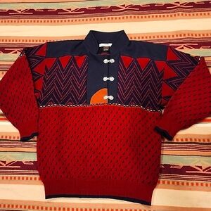 Sondre Nordic Wool Men S Red and Navy Fair Isle Birds Eye Sweater